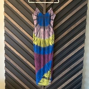 Tie-dye sheer overlay maxi dress with spaghetti straps.
